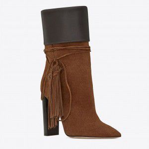 Tassel color blocked thick high-heeled short boots autumn and winter handmade women's boots pointed ankle boots