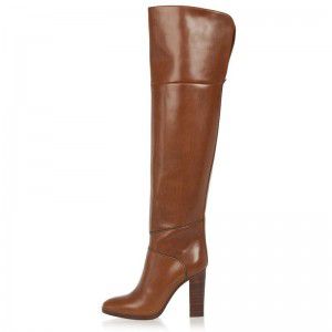 Brown thick high-heeled knee high boots for winter