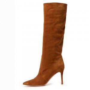 Grey brown blue suede high-heeled pointed knee high boots