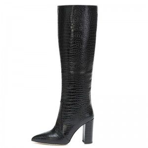 Winter new black PU pointed thick high-heeled knee high boots