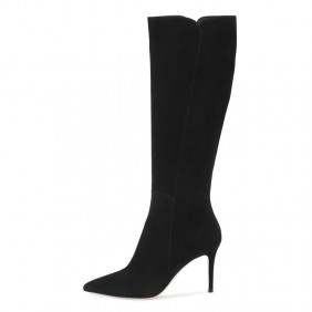Autumn and winter boots, slim high heels, knee high boots, black suede boots, simple yet high looking