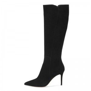 Autumn and winter boots, slim high heels, knee high boots, black suede boots, simple yet high looking