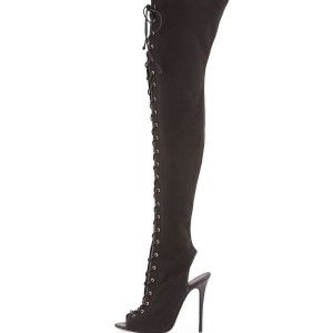 Black canvas denim boots with front and back openings and front straps, knee high and thigh high