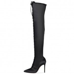Sharp pointed lace up elegant black high-heeled elastic knee high boots