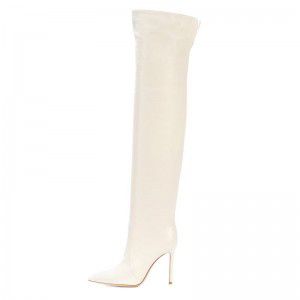 White PU pointed high-heeled sexy knee high boots