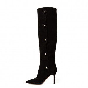 Black pointed high-heeled knee high boots for autumn and winter fashion women's shoes