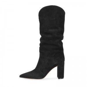 Black Sheep Jing pointed velvet lining thick high heels ChunkyHeel fashionable mid calf women's boots