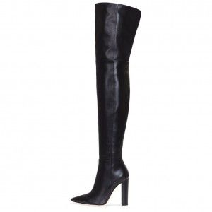 Ladies' black pointed, thick high heels, knee high boots, high heels, nude color