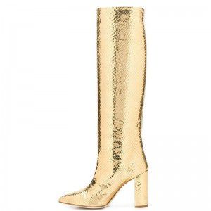 Golden silver pointed thick high-heeled boots for winter
