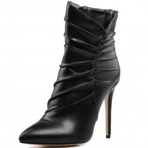 Pointed black high-heeled pleated ankle boots
