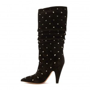 Black sleeve pointed high-heeled studded mid boots for spring and autumn fashion
