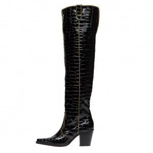 Black patent leather square toe thick knee high boots, Texas boots, cowboy boots