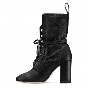 Black round toe thick heel lace up short boots ankle boots
