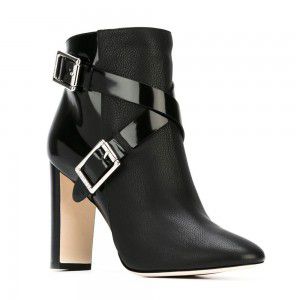 Spring and Autumn Short Boots Fashion Metal Buckle Cross Tie Lacquer Leather Matte Splicing Leather Pointed Coarse Heel High Heel Ankle Boots