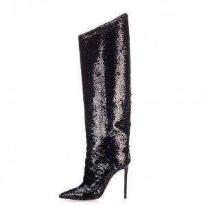 Black sequined high-heeled knee high boots