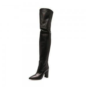 Ladies' pointed, thick, high-heeled spliced knee high boots, fashionable thigh boots, winter