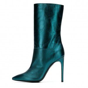 Green and black pointed high heels, mid tube, one foot, thin high heels, short boots for women