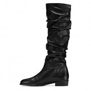 Black PU flat bottomed knee high wrinkled boots for autumn and winter