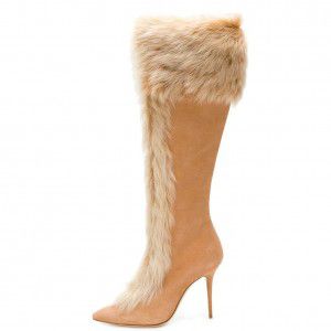 High heeled rabbit fur sweet high-end knee high boots winter pointed thick heel boots