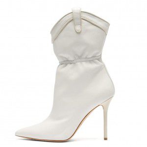 White pointed high-heeled mid heeled boots for autumn and winter fashion women's shoes