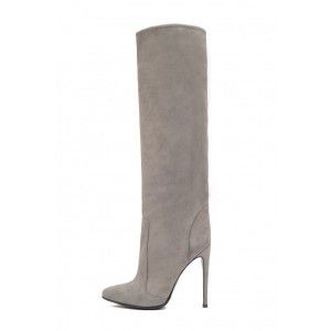 Grey wine red suede black PU straight tube pointed high-heeled knee high boots