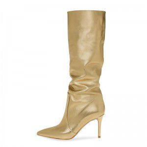 Light gold PU pointed slim high-heeled fashionable women's boots, midsole boots, winter version