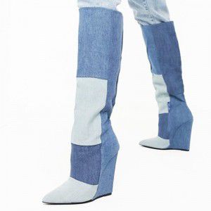Fashionable denim spliced wedge heel knee high boots, winter new style, side zipper high-heeled boots
