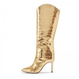 Golden stone pattern pointed high-heeled fashion plus knee high boots