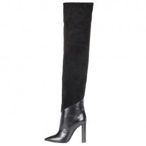 Ladies' black pointed thick high heels knee high boots high heels autumn and winter boots