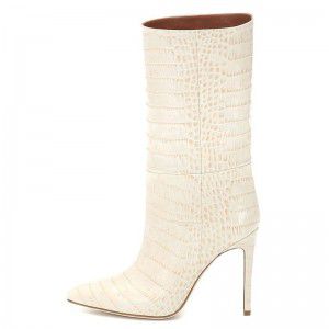 Sharp pointed, high-heeled, white PU boots with a single kick and midsole