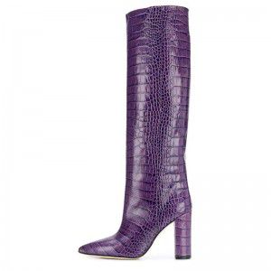 Purple, yellow, white crocodile pattern PU pointed, thick high heels, knee high boots
