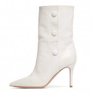 White pointed high-heeled mid heeled boots for autumn and winter fashion women's shoes