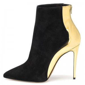 Black Sheep Jingjin Lacquer Leather Color blocked Pointed Back Zipper High Heels Short Boots