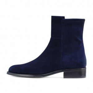 Black PU round toe flat bottomed short boots, blue suede