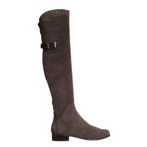 Women's long boots with rivets, patchwork leather belt buckle, low heel suede knight boots