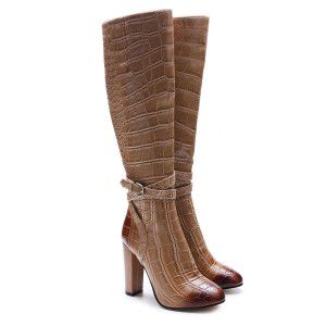 Female crocodile patterned high-heeled boots with thick heels and long boots with side zippers made of crocodile leather
