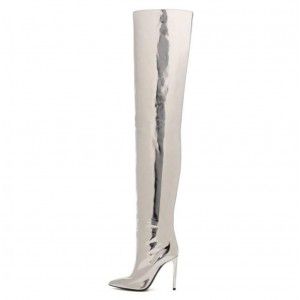 Silver patent leather high-heeled knee high thigh boots