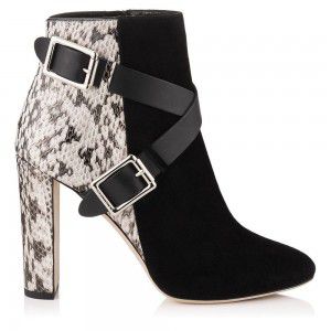 New ankle boots with cross straps, metal buckle, snake skin pattern, thick heel, handmade