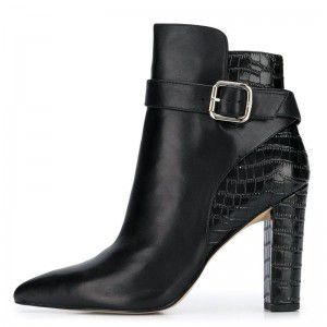 Black PU pointed thick high-heeled buckle zipper short boots