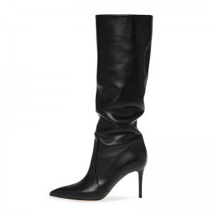 Black PU pointed high-heeled pleated midsole boots