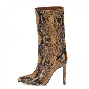 Pointed snake patterned PU sexy high-heeled mid calf boots for women