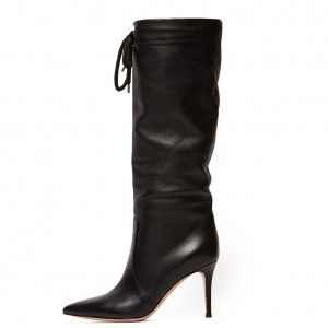 Black pointed toe, high heels, knee high boots, autumn and winter fashion women's shoes