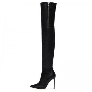 Black PU sexy pointed high-heeled thigh boots with zipper on the inside