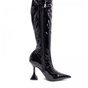 Winter new thigh boots with black patent leather pointed glass and knee high boots
