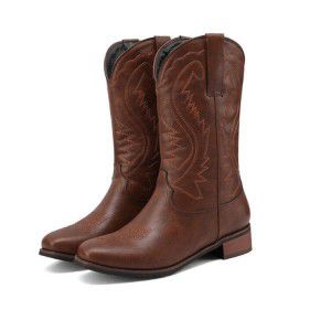 Martin boots square toe V-neck embroidered denim boots thick heel brown knight boots