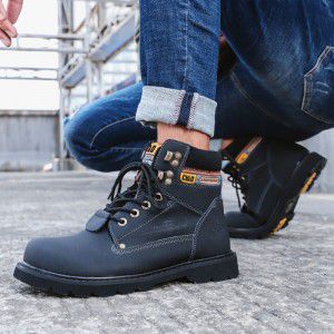 Men's Martin boots, large toe work attire boots, round toe tie up, flat bottomed leather outdoor hiking shoes, couples, black boots, spring 