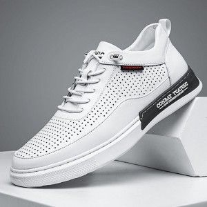 Spring and summer low cut men's sports board shoes, casual hollow white leather shoes, white shoes, summer leather shoes