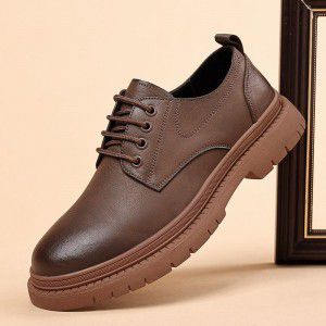 Leather shoes, men's low cut British style men's round toe big head workwear shoes, thick soled casual derby shoes