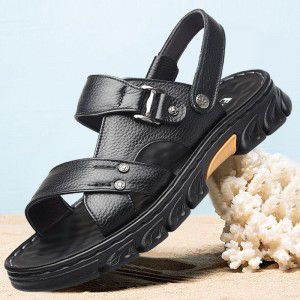Sandals men's summer cowhide dual-use soft sole casual thick sole beach slippers men