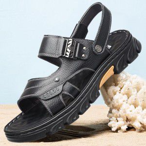 Sandals men's cowhide soft soled casual black beach sandals